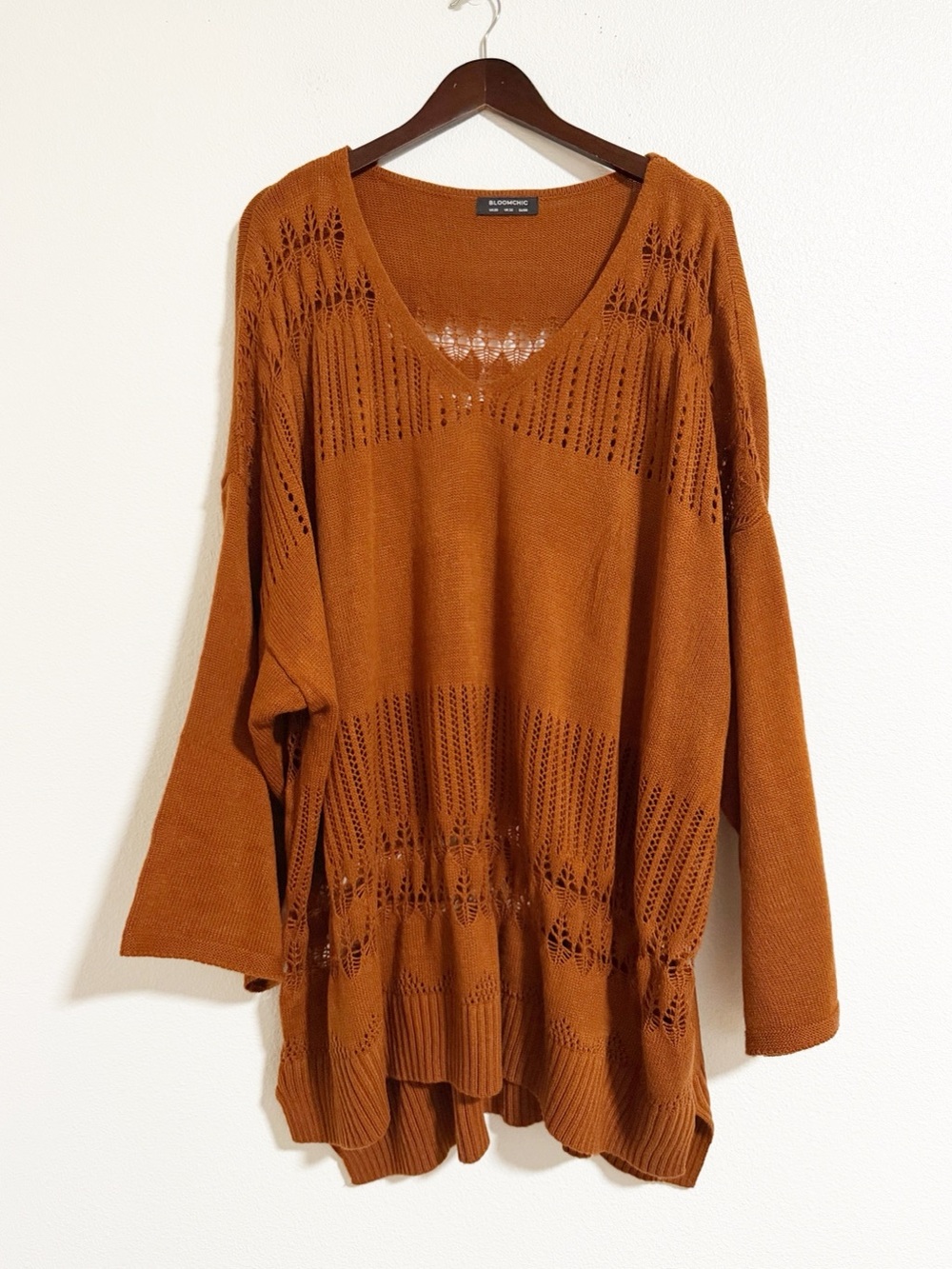 BloomChic Pointelle Open Knit Rust Terracotta Tunic Sweater